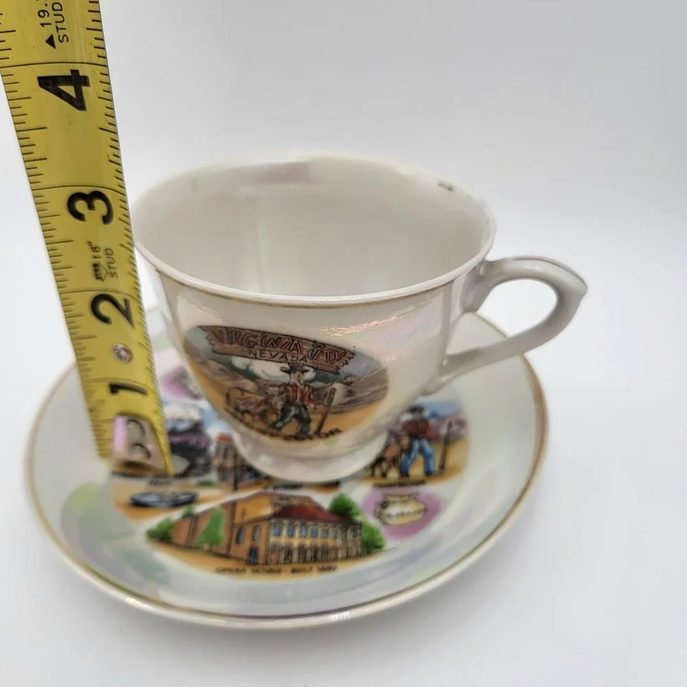 Vintage Souvenir Tea Cup & Saucer Iridescent Virginia City Nevada Prospector